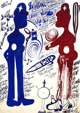 Carlo Zinelli, Pesce stellato blu, alpino con penna e case, 1968