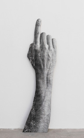 JR, JR, Hand #2, ink on wood, France, 2022, 2022