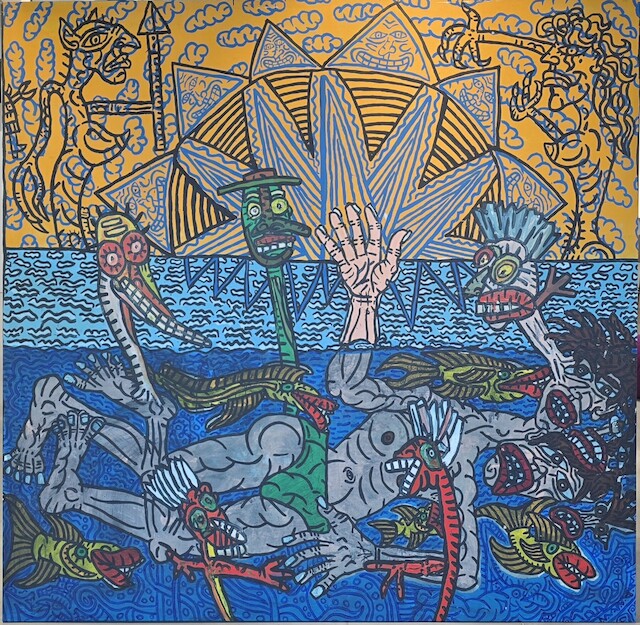 Robert Combas, Autoportrait en train de faire trempette sous l'eau entouré de joyeux têtards originaires du sud de la France .Le coucher ou le lever de soleil est très orange et on semble voir (dans les rayons qui frappent légèrement fort) des têtes de triangles porte-b, 1987