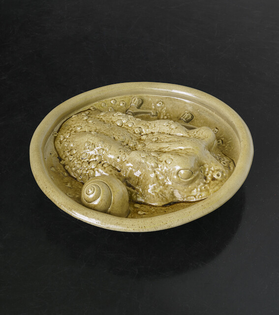Daniel Dewar & Grégory Gicquel, Stoneware dish with toad, snails and taps, 2023